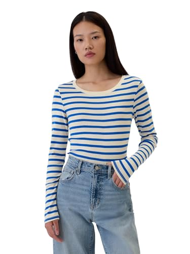 GAP Damen Langarm Favorite Rundhals T-Shirt, Blaue Chino-Streifen, Mittel von GAP