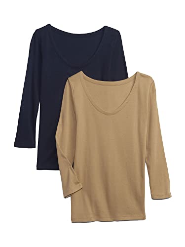 GAP Damen-T-Shirt, 3/4-Ärmel, 2er-Pack, Marineblau/Cargo-Khaki, Medium Hoch von GAP