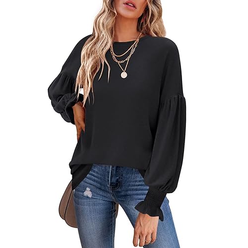 Damen-Tunika Oberteil Pullover Sweatshirt Herbst Damen Einfarbig Laternenärmel T-Shirt Leicht Atmungsaktiv Weich Und Bequem Damen-Oberteil Locker Taschen,A,S von GARCAN