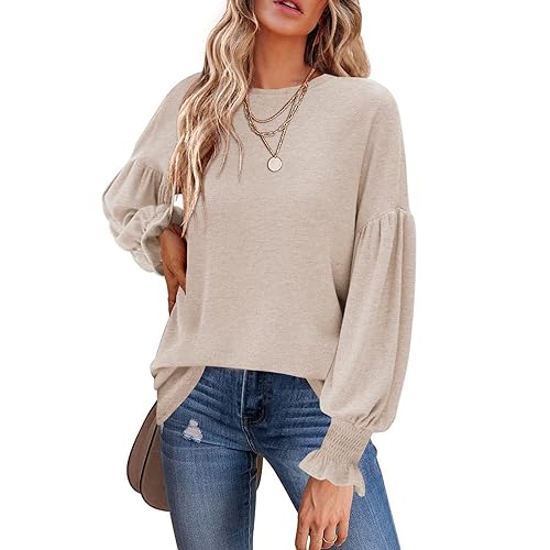 Damen-Tunika Oberteil Pullover Sweatshirt Herbst Damen Einfarbig Laternenärmel T-Shirt Leicht Atmungsaktiv Weich Und Bequem Damen-Oberteil Locker Taschen,B,S von GARCAN