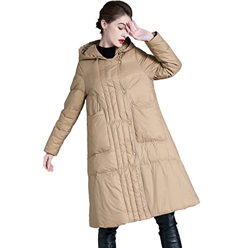 GARCAN Damen Daunenjacke 90% Hochwertige Weiße Entendaunen Ultraleichter Mittellange Kapuze Wintermantel Kapuze Puffermantel Umhangartige Kapuze Praktische Zwei Übergroße Taschen,Apricot,L von GARCAN