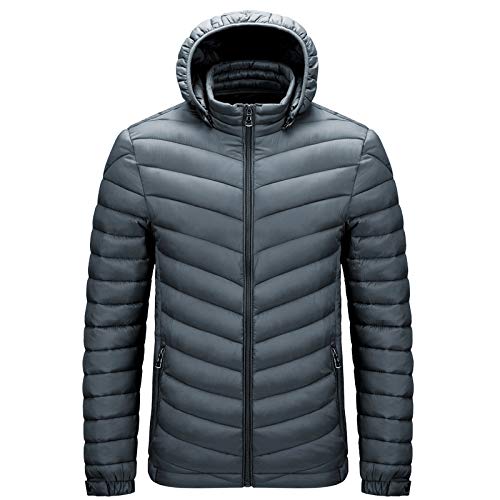 GARCAN Herren Jacke Übergangsjacke Steppjacke mit Kapuze Ultraleichte Isolierte Winterjacke Outdoorjacke Freizeitjacke Reißverschlusstasche Abnehmbare Kapuze Extra Große Größe 6XL,Grau,4XL von GARCAN