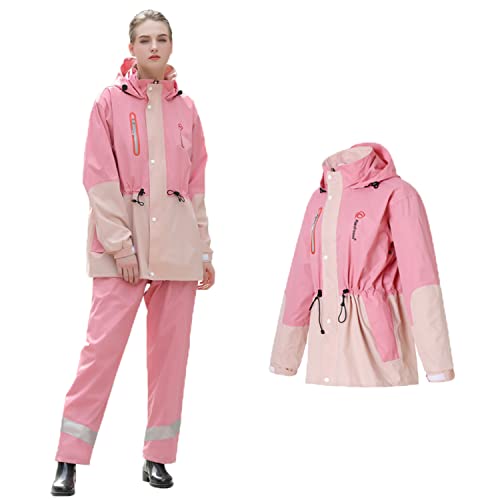 GARCAN Herren Regenanzug Reflektierender Taillen Kordelzug YKK-Reißverschluss Achselbelüftung Versteckter Regenhose Wasserdichter Anzug Outdoor Regenmantel Winddicht Regenjacke,Rosa,S von GARCAN