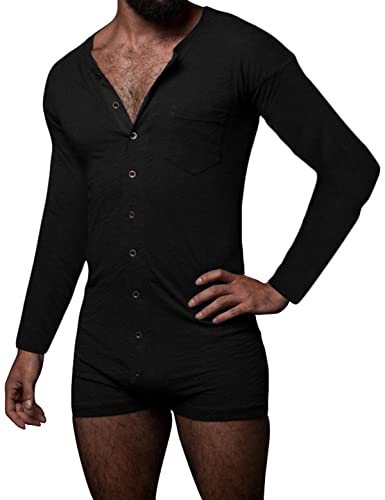 GARCAN Herren Unterwäsche Kurzarm Strampler Overall Henley Jumpsuit Stretchy Cotton Romper Einfarbig Body Atmungsaktiv Schlafen Elastisch Komfortabel Hauskleidung Lange Ärmel Heißer Porno,Schwarz,L von GARCAN