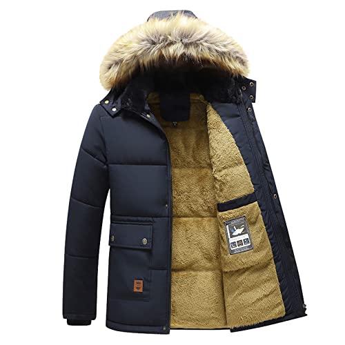 GARCAN Herren Winddicht Jacke Gefüttert Steppjacke Winterjacke Daunenmantel Baumwolljacke Outdoorjacke Mantel Herrenjacken Voller Reißverschluss Abnehmbarer Hut Abnehmbarer Pelzkragen,Blau,4XL von GARCAN