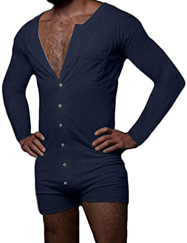 Herren Unterwäsche Kurzarm Strampler Overall Henley Jumpsuit Stretchy Cotton Romper Einfarbig Body Atmungsaktiv Schlafen Elastisch Komfortabel Hauskleidung Lange Ärmel Heißer Porno,Navy blue,XL von GARCAN