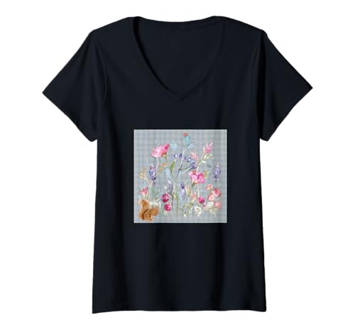 Damen Damen Aquarell Blumen Aquarell Blume Eichhörnchen & Marienkäfer T-Shirt mit V-Ausschnitt Damen Damen Aquarell Blumen Aquarell Blume Eichhörnchen & Marienkäfer T-Shirt mit V-Ausschnitt von GARDEN BOTANICAL WATERCOLOR GRAPHIC DESIGNS