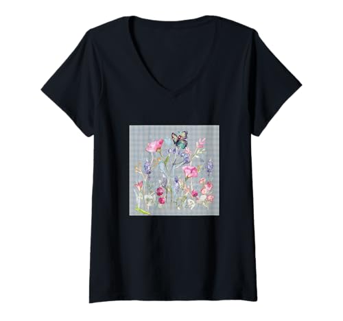 Damen Damen Blumen Aquarell Botanische Blume Schmetterling & Mantis T-Shirt mit V-Ausschnitt Damen Damen Blumen Aquarell Botanische Blume Schmetterling & Mantis T-Shirt mit V-Ausschnitt von GARDEN BOTANICAL WATERCOLOR GRAPHIC DESIGNS