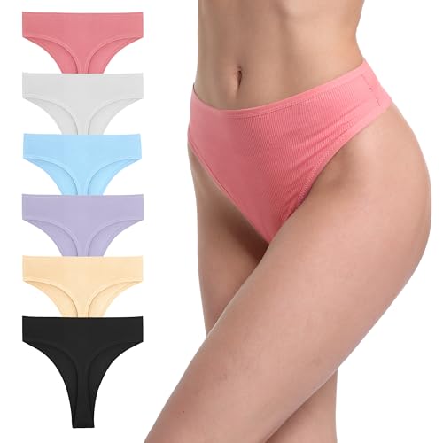GAREDOB 6er-Pack gerippte Baumwoll-Tangas für Damen, hohe Taille, Übergröße, keine Show Unterwäsche, 6 x hohe Stringtanga, M von GAREDOB