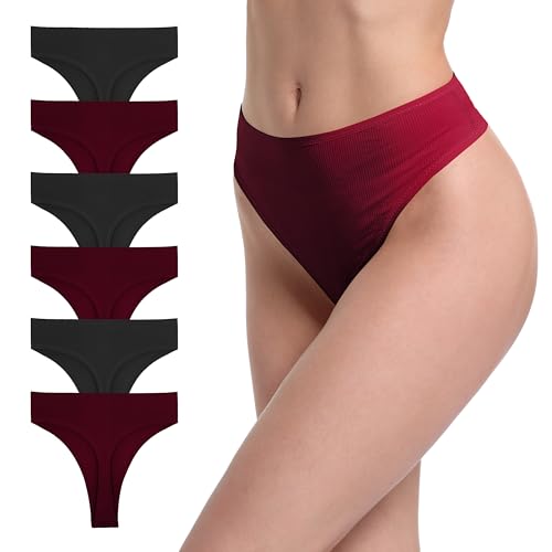 GAREDOB 6er-Pack gerippte Baumwoll-Tangas für Damen, hohe Taille, nahtlose Höschen, Übergröße, hohe Taille, keine Show Unterwäsche, 6 x hohe Tanga-B, L von GAREDOB