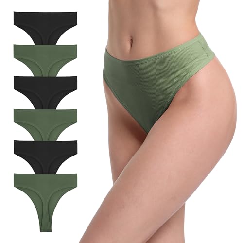 GAREDOB 6er-Pack gerippte Baumwoll-Tangas für Damen, hohe Taille, nahtlose Höschen, Übergröße, hohe Taille, keine Show Unterwäsche, 6 x hohe Stringtangas, L von GAREDOB