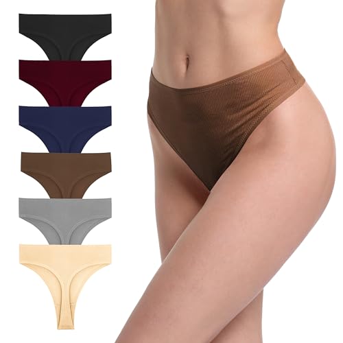 GAREDOB 6er-Pack gerippte Baumwoll-Tangas für Damen, hohe Taille, nahtlose Höschen, Übergröße, hohe Taille, keine Show Unterwäsche, 6 x hohe Stringtangas, XXL von GAREDOB