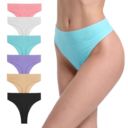 GAREDOB Hochtaillierte Tanga Plus Size Tangas for Women Ribbed Cotton Panties Underwear Multicolor Bright Size XL Pack 6 von GAREDOB