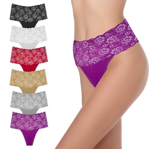 GAREDOB Hohe Taille Retro Baumwolle String 6 Stück Plus Size Pantys für Frauen, 6 Stringtangas aus Spitze im Retro-Stil, Large von GAREDOB