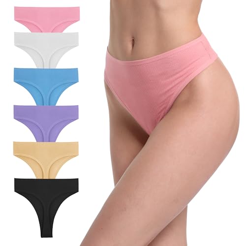 GAREDOB Hohe Taille mit Bauchkontrolle für Damen, Unterwäsche-Set aus Baumwolle und Elastan, ohne Seitennähte, 6 Stück High Thong-ls, 52 von GAREDOB