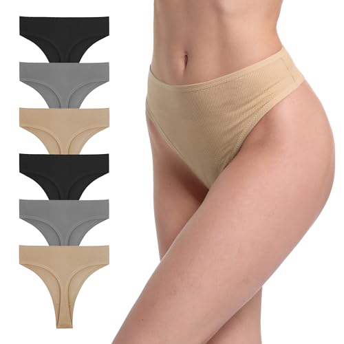 GAREDOB Tangas für Frauen Plus Größe Höschen Bauchkontrolle Unterwäsche Gerippte Baumwolle Pack 6 Größe S-4XL, 6 Stücke Hoher Tanga-G, XXL von GAREDOB