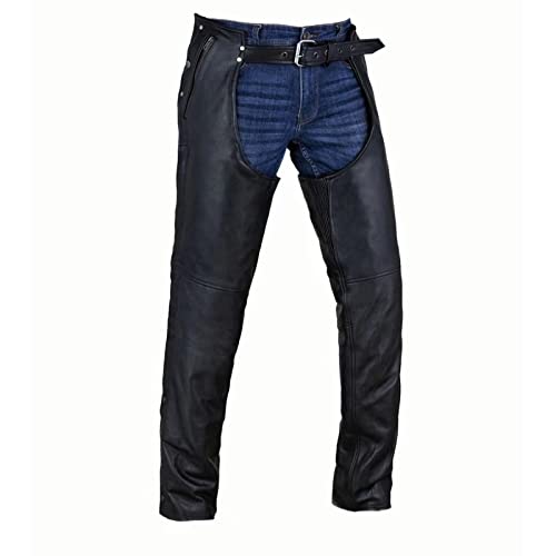 Motorrad-Leder-Chaps für Herren, Biker, Reiten, Cowboy, Chaps, schwarze Multi-Pocket, geteilte Lederhose mit Reißverschluss, schwarz, Medium von GARGOYLE BELLS