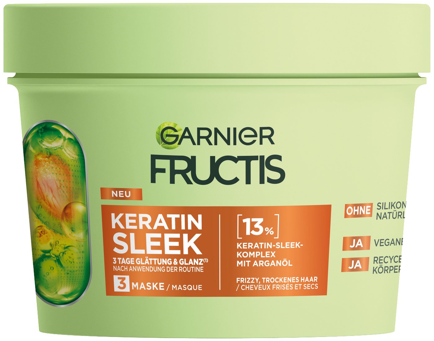 GARNIER Haarmaske Garnier Fructis Keratin Sleek Maske, Für trockenes, zu Frizz neigendes Haar, sorgt für gesundes Aussehen. von GARNIER
