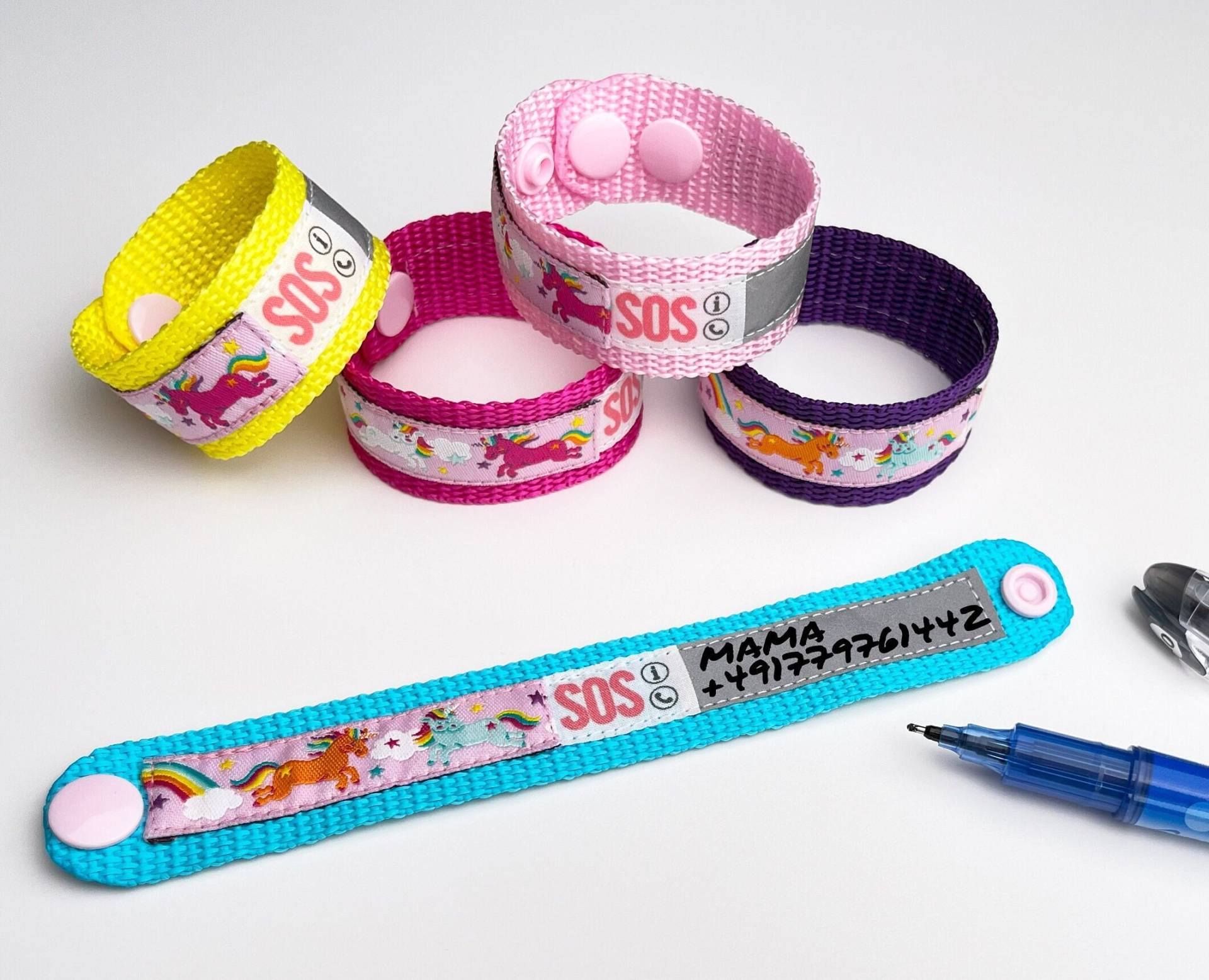 Sos Armband Elternfinder Einhörner Rosa/Id Kinderarmband Einhorn Notfallarmband Gelb Türkis Pink Wasserfest Größenverstellbar von GARNichtschlecht
