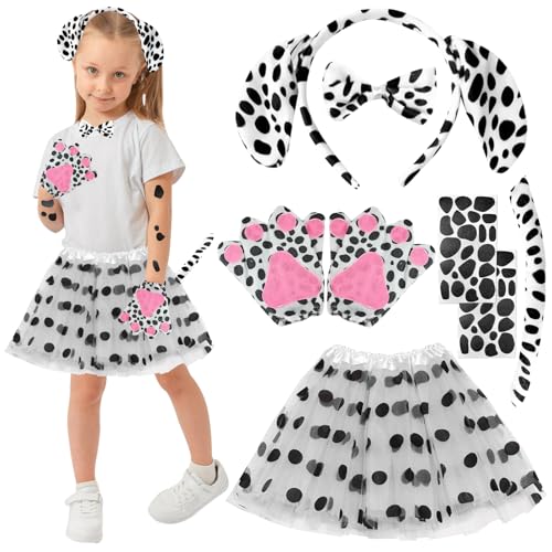 GAROMIA Dalmatiner Kostüm Set Dalmatiner Kostüm Kinder Dalmatiner Ohren Hund Schwanz Fliege Socken Tierkostüm Kostüm Set hundekostüm Fasching Party für Damen Kinder Cosplay von GAROMIA