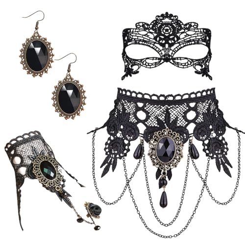 GAROMIA Gotisch Choker Halskette Schwarz Steampunk Halskette Halsband Ketten Vampir Kostüm Damen Armbänder Ohrringe Augenmaske Steampunk Accessoires Retro Spitze für Halloween Cosplay Lolita von GAROMIA