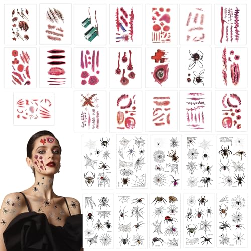 GAROMIA 30 Kits Halloween Tattoo Set Schwarz Spinne Temporäre Tattoos Narben Tattoo Halloween Tattoo Gesicht Tattoos Aufkleber Temporäre für Männer Damen Schminke Halloween Party Karneval von GAROMIA