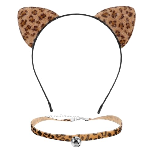 GAROZATION Stirnband Mit Katzenohren Leopardenmuster Haarband Für Damen Party-kopfschmuck Mit Tierohren Cosplay-accessoire Halskette Festivals von GAROZATION
