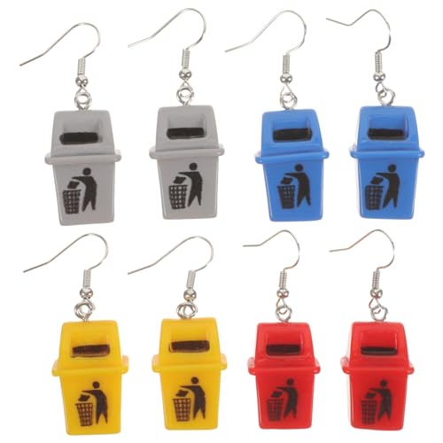 GAROZATION 4 Paare Lustige Mülltonnen Ohrringe Bunte Dangle Ohrringe für Damen Ausgefallene Party Schmuck Leicht und Langlebig Originelles Einzigartiges Design in Gelb Rot Blau von GAROZATION