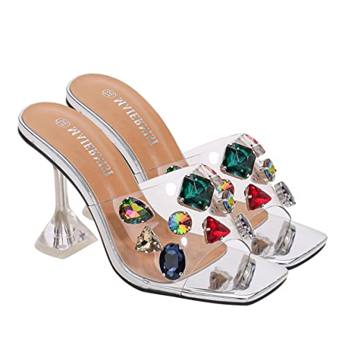 GAROZATION Damen High Heels Sandalen mit Stabilem Absatz und Strassbesetztem Design Atmungsaktiv und Vielseitig Kombinierbar für Sommerpartys und Outfits Silberfarben von GAROZATION