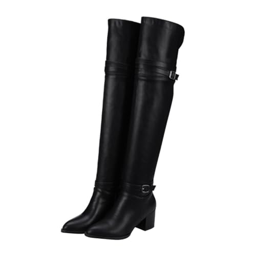 GAROZATION Damen Overknee Stiefel Herbst Winter PU Lang Boots mit Rutsch Sohle und Komfortabsatz für Freizeit Party Arbeit Shopping Schwarz von GAROZATION