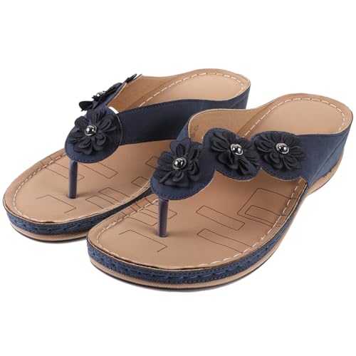 GAROZATION Damen Sandalen PU Material Rutschfeste Sohle Bequeme Sommerschuhe Strand Schuhe Blau Modische Flower Slipper für Freizeit und Urlaub von GAROZATION