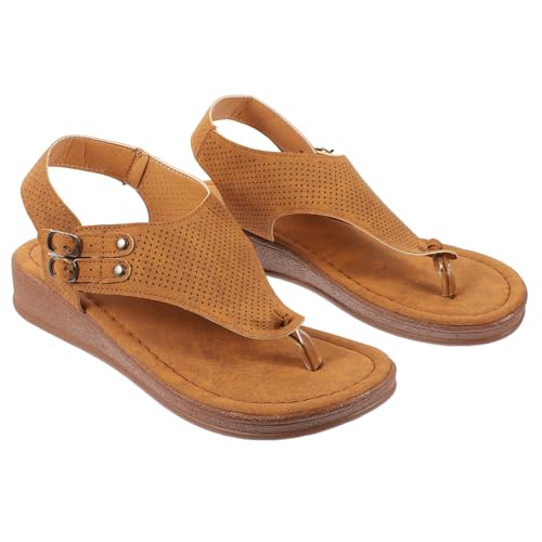 GAROZATION Damen Zehentrenner Sandalen Flach Sommer Strandschuhe aus PU und Gummi Rutschfest Leicht Alltag Schuhe Hellbraun von GAROZATION