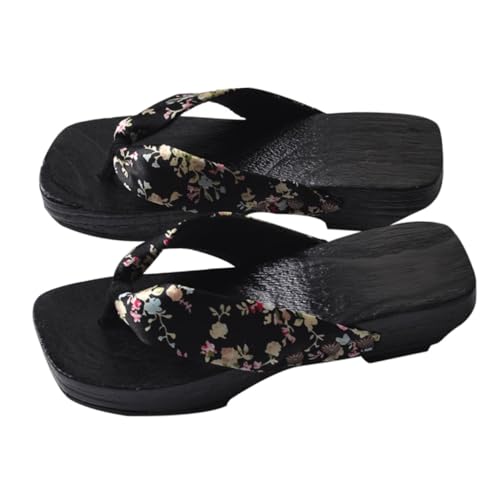 GAROZATION Japanische Holzclogs Damen Sandalen Sommer Clogs Slippers Atmungsaktiv Komfortabel Modisch Schwarz Satin für Alltag Strand und Badbereich von GAROZATION