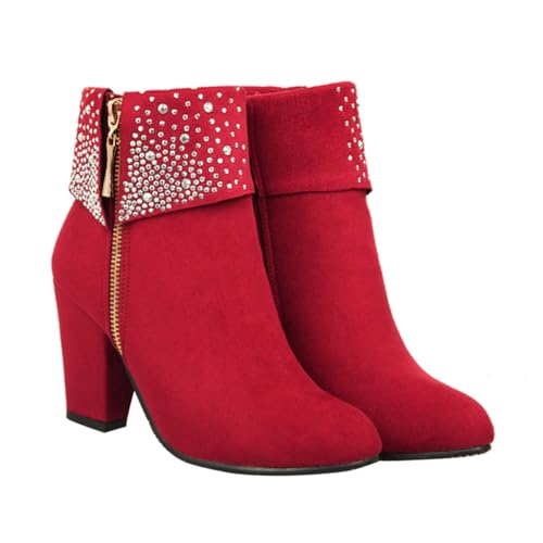 GAROZATION Modische Damen Hochzeit Stiefeletten mit Dicker Sohle und Strassbesatz Kurzschaftige Brautschuhe mit Absatz Rot Bequeme Wedges Boots für Herbst Winter Festliche Anlässe von GAROZATION