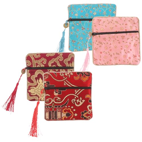 GAROZATION Schmuckbeutel Mit Reißverschluss 4 Stück Satin Stoff in Rot Weinrot Hellblau Rosa Stilvolle Kosmetiktasche Tragbare Aufbewahrung Für Damen Für Reisen Und Schmuckorganisation von GAROZATION