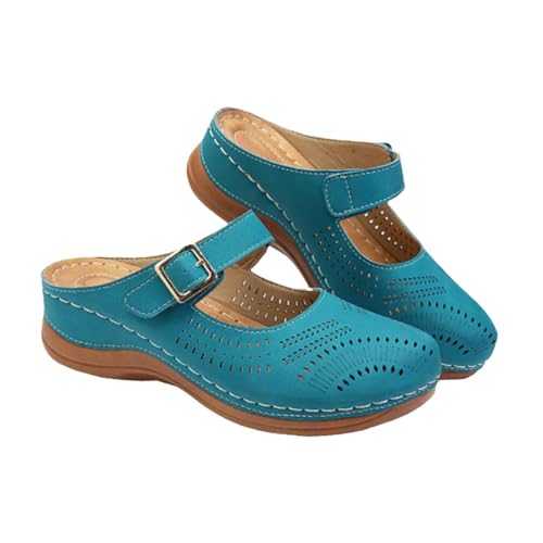 GAROZATION Vintage Keilabsatz Sandalen Damen Komfortable Slipper mit Mittlerem Absatz Langlebige Freizeitschuhe in Himmelsblau Leicht Anzuziehen und Modisch Kombinierbar von GAROZATION