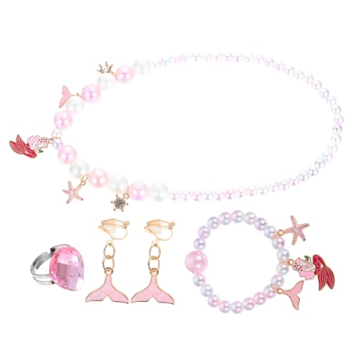GARVALON 4 Stück Teiliges Meerjungfrauen Schmuckset für Armband Halskette Ring und Farbigen Perlen Niedliche Legierung Handgefertigt für Mädchen Modisches Accessoire von GARVALON