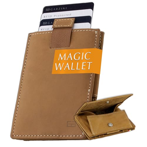 GARZINI Magic Wallet, RFID Geldbeutel für Herren aus echtem Leder, Platz für 8 Karten mit Münzfach, Mini Geldbörse als Geschenk für Männer, Kartenhalter mit Pull-Tab System, Camel Brown von GARZINI