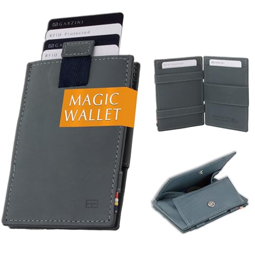 GARZINI Magic Wallet, RFID Geldbeutel für Herren aus echtem Leder, Platz für 8 Karten mit Münzfach, Mini Geldbörse als Geschenk für Männer, Kartenhalter mit Pull-Tab System, Sapphire Blue von GARZINI