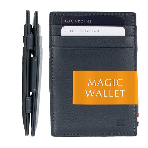 GARZINI Magic Wallet, RFID Geldbeutel für Herren aus echtem Leder für 10 Karten, Mini Geldboerse als Geschenk für Männer, Navy Blue von GARZINI