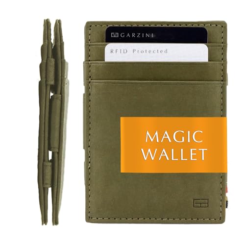 GARZINI Magic Wallet, RFID Geldbeutel für Herren aus echtem Leder für 10 Karten, Mini Geldboerse als Geschenk für Männer, Olive Green von GARZINI