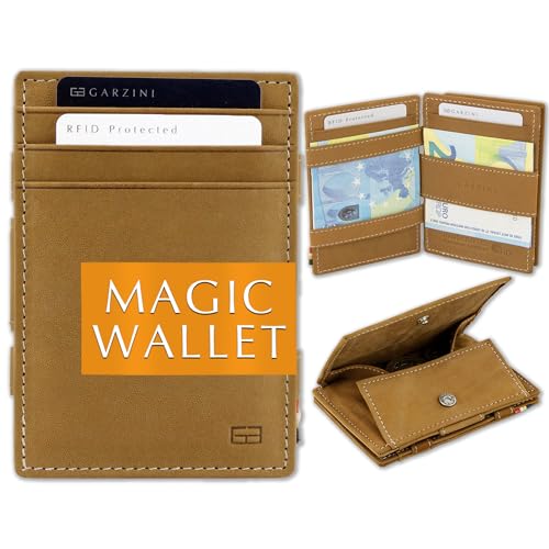 GARZINI Magic Wallet, RFID Geldbeutel für Herren aus echtem Leder für 7 Karten und Münzfach, Mini Geldbörse als Geschenk für Männer, Camel Brown von GARZINI