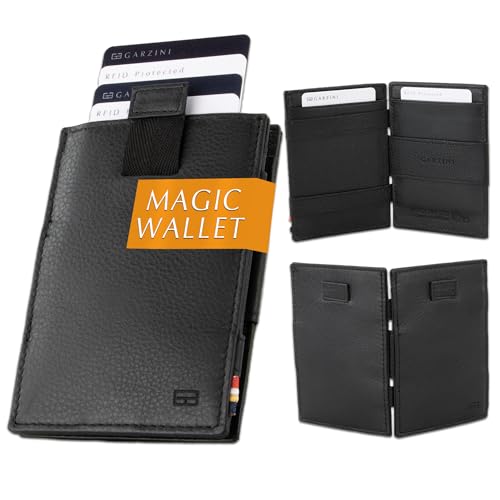 GARZINI Magic Wallet, RFID Geldbeutel für Herren aus echtem Leder mit Platz für 12 Karten, Mini Geldbörse als Geschenk für Männer, mit Pull-Tab System, Raven Black von GARZINI