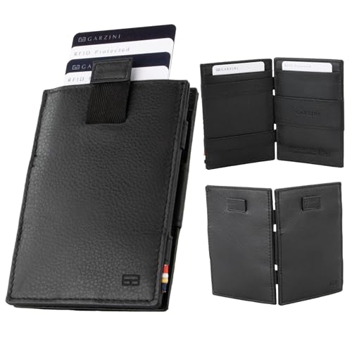 GARZINI Magic Wallet, RFID Geldbeutel für Herren aus echtem Leder mit Platz für 12 Karten, Mini Geldbörse als Geschenk für Männer, mit Pull-Tab System, Raven Black von GARZINI