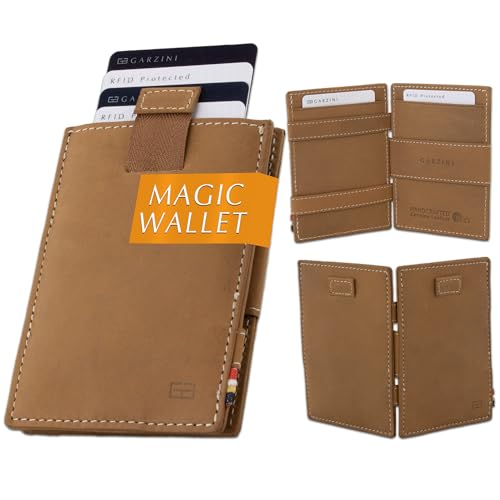 GARZINI Magic Wallet, RFID Geldbeutel für Herren aus echtem Leder mit Platz für 12 Karten, Mini Geldbörse als Geschenk für Männer, mit Pull-Tab System, Camel Brown von GARZINI