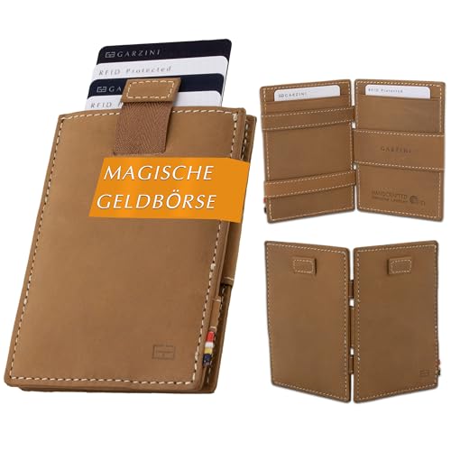 GARZINI Magic Wallet, RFID Geldbeutel für Herren aus echtem Leder mit Platz für 12 Karten, Mini Geldbörse als Geschenk für Männer, mit Pull-Tab System, Camel Brown von GARZINI