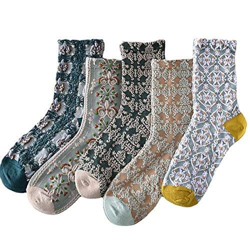 GASMA Vintage bestickte Blumen Frauen Socken, Damen Blumen Baumwolle Socken, Vintage gemusterte Crew Socken für Frau (5 Pairs - F) von GASMA