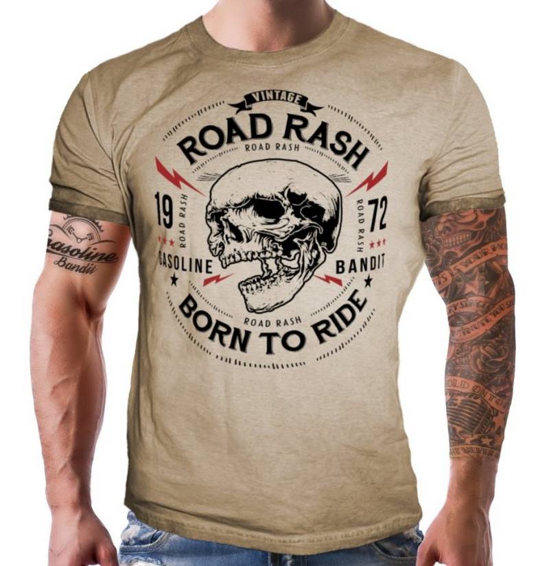GASOLINE BANDIT® T-Shirt für Biker, Racer in Washed Sand Optik: Road Rash - Born to Ride von GASOLINE BANDIT®