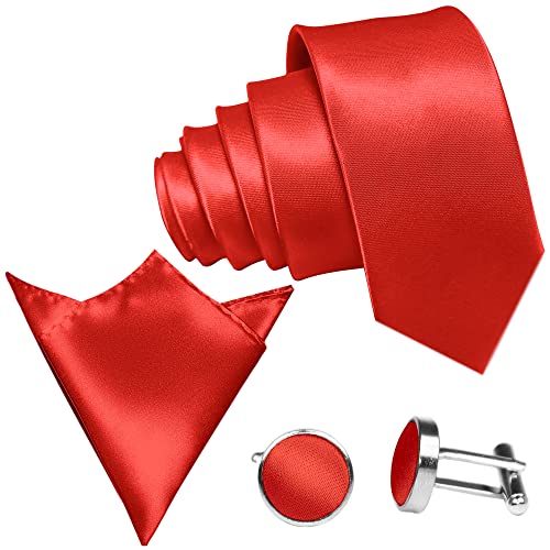 GASSANI 3-SET Krawattenset, 8,5Cm Breite Hell-Rote Herren-Krawatte Schmal Manschettenknöpfe Ein-Stecktuch, Bräutigam Hochzeitskrawatte Glänzend von GASSANI