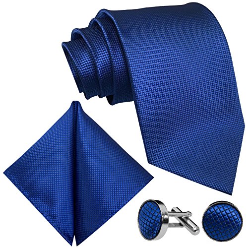 GASSANI 10cm Breite Herrenkrawatte Krawattenset Royal-Blaue Karo-Muster, Schmale Skinny Hochzeitskrawatte Herrenschlips Einstecktuch Manschettenknöpfe von GASSANI